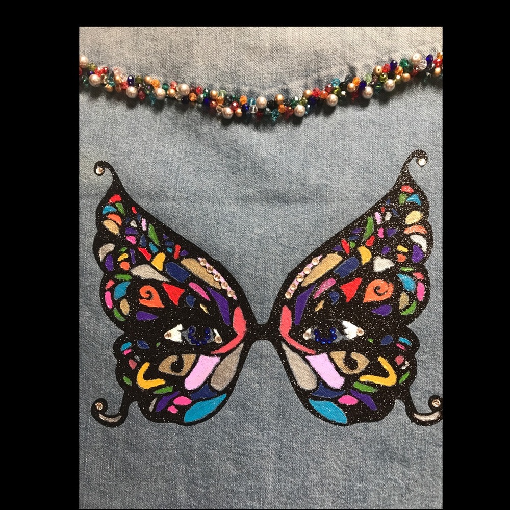 One of a Kind Butterfly Mask Sleeveless Denim Shirt - Picture 4 of 7